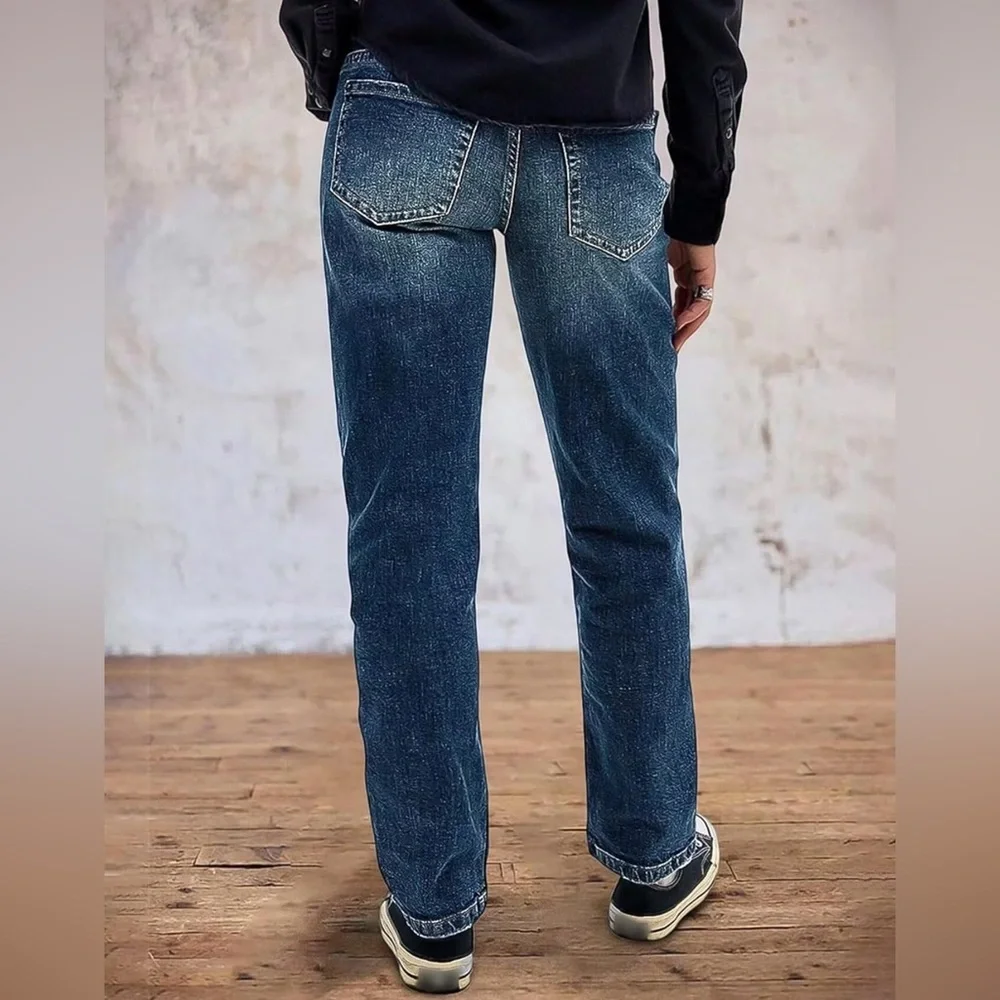Flamingals Straight Leg Boyfriend Jeans for Women Trendy Mid Rise Wash Stretchy - Picture 4 of 11